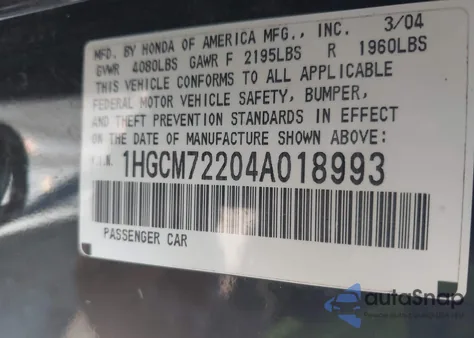 2004 Honda Accord 2.4 Lx из США, поврежденный, VIN 1HGCM72204A018993